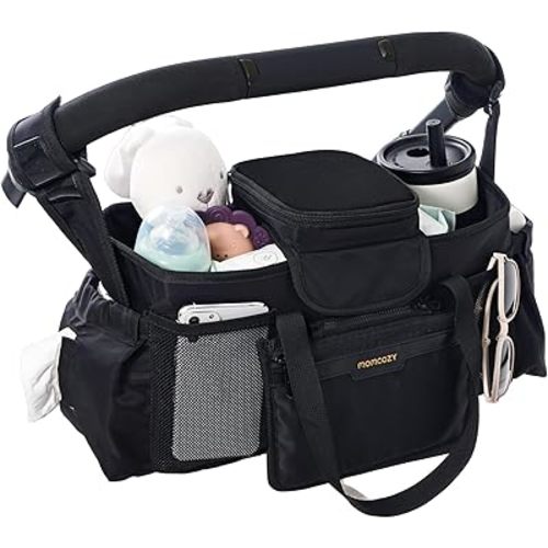 Momcozy Extra Large Stroller Organizer Max | with Food Grade Pacifier Teether Bag | 2 Insulated Cup Holder | Silicone Anti-Slip Straps | 3-Way Usage | Detachable Small Pouch | for UPPAbaby/Doona