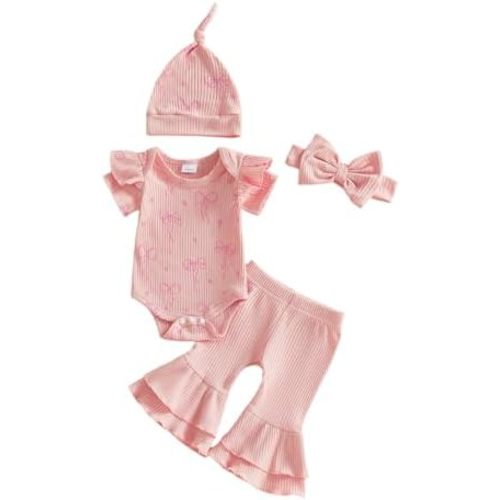 Twopumpkin Premmie Newborn Baby Clothes Girl 0 3 6 9 Month Outfits Ribbed Romper Bell Bottoms Pants Hat Headband 4PCS Sets