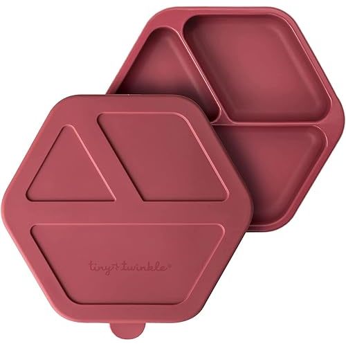 Tiny Twinkle Silicone Suction Baby Plate, Suction Grip Divided Dish for First Foods and Self-Feeding Toddlers, Baby Led Weaning Supplies for Independent Eating (Burgundy Plate with Lid)