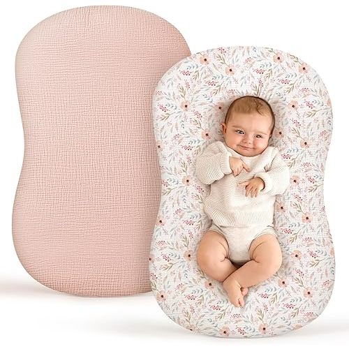 Termichy Baby Lounger Covers Muslin: Soft and Breathable Slipcover for Snuggle Me Lounger - Machine Washable & Zipper-Free for Safe Daily Use - Pink Floral for Girls