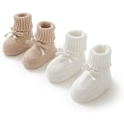 2 Pairs Baby Booties 100% Cotton Knitted Newborn First Cozy Warm Crib Shoes for Toddler Infant Boy Girl Babys Shower Gift