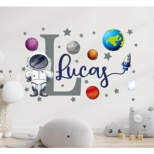 Personalized Astronaut Wall Decal - Custom Space Theme Vinyl Sticker for Kids Room - Solar System Planets Wall Art for Nursery - Boys Room Decor - Outer Space Bedroom Decoration Mural Sticker