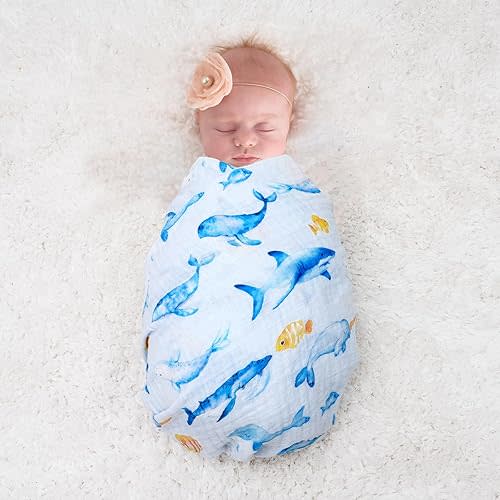 4 Pack Baby Muslin Swaddle Blankets, 100% Cotton and Ultra Soft Breathable Receiving Blanket Wrap for Boys Girls, New Born Essentials, Large 47 x 47 inches, Whale