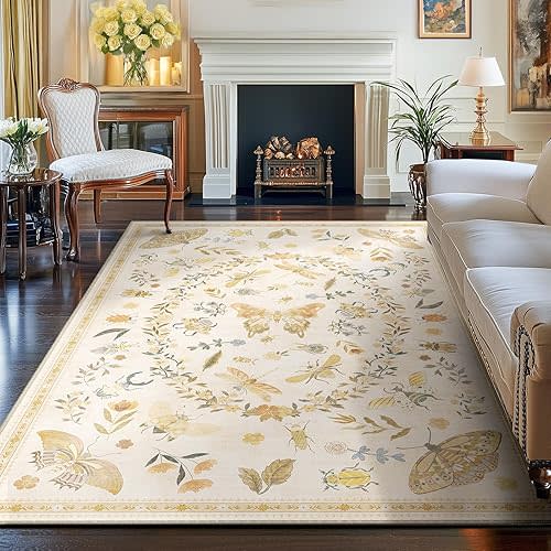 8x10 Butterfly Area Rugs for Living Room Low Pile Print Washable Rugs for Nursery Bedroom Colorful Insect Rugs Kids Room Soft Decor Water Repellent Non Slip Carpet Office LightYellow