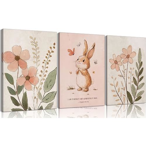 3Pcs Nursery Bunny Wall Art Christian Scripture Canvas Painting Cute Pink Bunny Botanical Flowers Wall Decor Nursery Posters for Girls and Boys Kids Room Baby Room Decor Framed