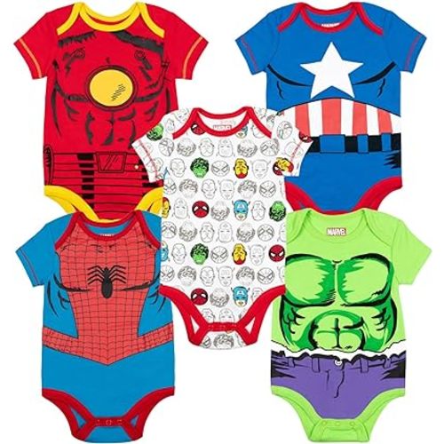 Marvel Baby Boys' 5 Pack Bodysuits - The Hulk, Spiderman, Iron Man, and Captain America