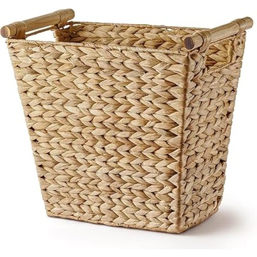 Wicker Waste Basket - Trash Basket with Wooden Built-in Handles - Wastebaskets for Bedroom, Bathroom, Kitchen, Living Room, Office - Handwoven Trash Cans for Under Sink, Garbage Can (Water Hyacinth)