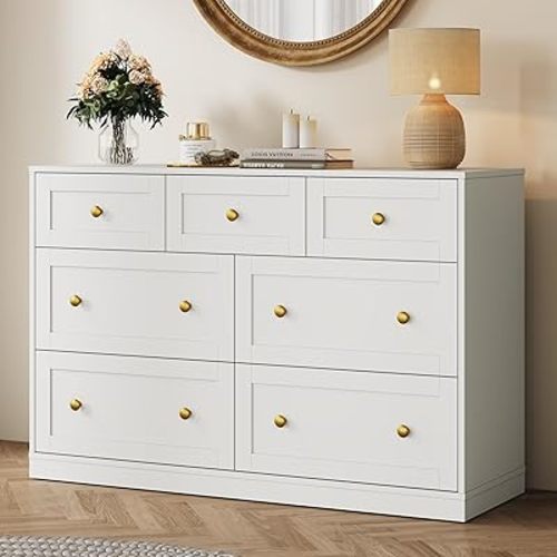 RoyalCraft 7 Drawer Dresser, White Dresser for Bedroom, Wood Chest of Drawers, Modern Dresser TV Stand for Living Room, Closet, Entryway