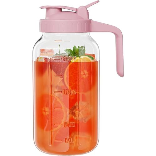 Glass Mason Jar Pitcher, 64 oz Wide Mouth Jug with Pour Spout Handle Lid for Cold Brew Coffee, Ice Beverage, Iced Juice, Lemonade, Sun Tea, Fruit Drinks Container(Pink)