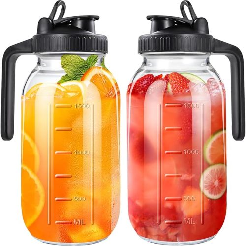 64oz Glass Pitcher with Lid, 2 Quart Mason Jar Pitchers with Lid and Spout, Wide Mouth Breast Milk Pitcher Glass Jug Sun Tea Pitchers, Cold Brew Coffee pitcher, Fridge Container for Water, Juice, Tea