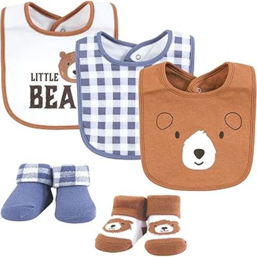 Hudson Baby Infant Boy Cotton Bib and Sock Set, Little Brown Bear, One Size