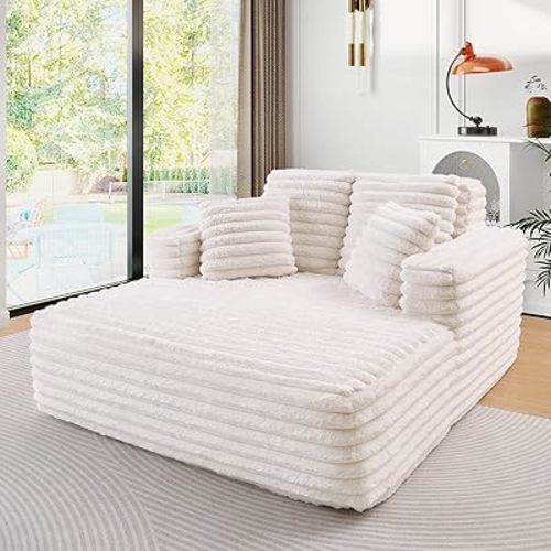 JEEOHEY 56" Oversized Chaise Lounge Chair Indoor,Plush Faux Fur Sleeper Sofa Couch Bed with Pillows&Wide Armrests,Fluffy Comfy Cloud Couch,Compression Foam Couch for Living Room,Bedroom(Beige)