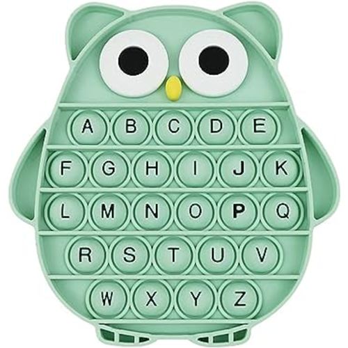 Push Pop Bubble Fidget Sensory Toy, Silicone Stress Relief Popping Toy, ABC Alphabet Owl Shaped Educational Learning Tools for Toddlers Kids Students (Black Letters-Green)
