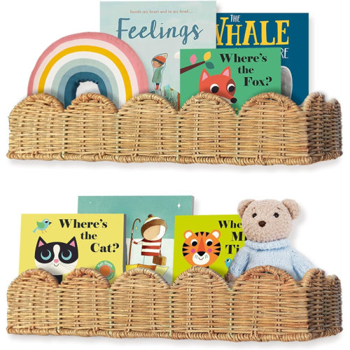 Dakota Fields Nursery Book Shelves Set Of 2 - Artisanal Natural Rattan Scalloped Book Shelf For Kids Rooms 15.8W, Cute Wicker Nursery Bookshelf Wall Mounted, Handwoven Floating Kids Bookshelf, Baby Boho Decor 4.5D X 15.8W X 3.2H | Wayfair