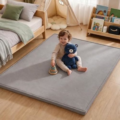 Ultra Soft Play Mat for Floor, 50"x50" Playpen Mat, 1.3" Thick Memory Foam, Non-Slip Tummy Time Mat for Infants, Toddlers, and Kids – Water-Repellent Coral Velvet, Easy Care