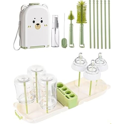 Travel Bottle Cleaner kit, 7in1 Baby Toddler Travel Essential Silicone Bottle Brush Set, Nipple, Drying Rack, Straw, & Breast Pump Cleaning, Soap Dispenser & Organizer Case, Gift for Mom