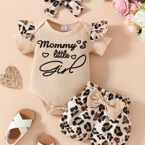 Letter Print Short Sleeve Ha Shirt with Leopard Print Shorts + Headscarf Three Piece Set