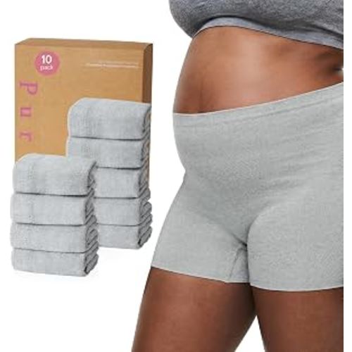 PurComfy 10 Pcs Postpartum Underwear for Women, High Waisted Disposable Boyshort Underwear for Mom Postpartum, Seamless Under Wear for Postpartum Essentials, Waist 28"- 42" Stretched, Grey