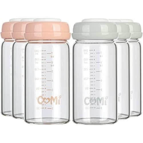 COMI Wide Neck Glass Breastmilk Collection n Storage Bottle, 6 Packs, 8oz with Screw Ring Sealing Disk; Re-markable Sealing Disc. BPA Free, Fits Breast Pumps & Nipples (3 Gray Lids + 3 Pink Lids)