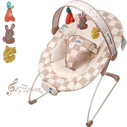 Baby Bouncer – Baby Bouncer seat, Infants Bouncy Seat with Music & Sensory Toys, Machine Washable Seat Pad Indoor Infant Seat, Ideal for Newborns 0-6 Months, 20lbs (Sand Check)