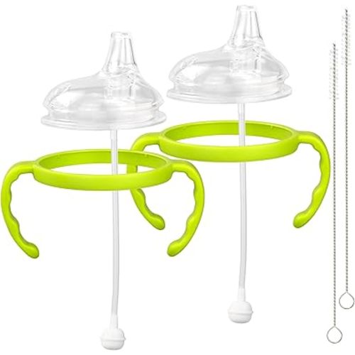 Sippy Cup Soft Spout Conversion Kit for Comotomo Baby Bottles, Sippy Cup Transition Set with Sippy Spout Nipples, Weighted Straws, Bottle Handles and Cleaning Brushes, Green, 2 Pack