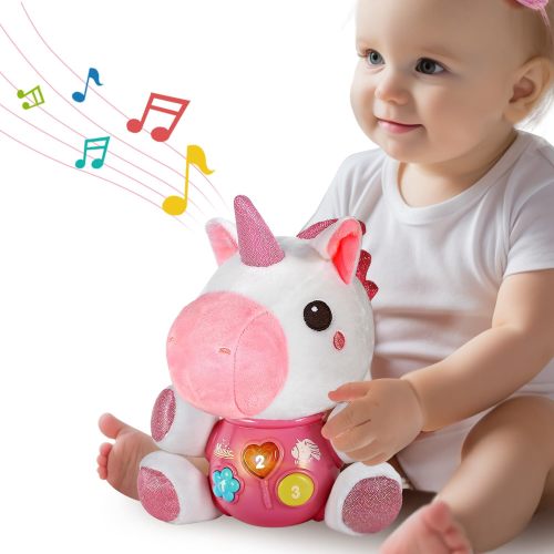 JBee Ctrl Baby Unicorn Musical Toys, Newborn Girls Soft Plush Stuffed Animal, Infant Light Music Set, 1st Birthday Shower Gift Easter Basket Stuffer 0 1 3 6 9 12 18 Months 1 2 Year Old Toddler Girl