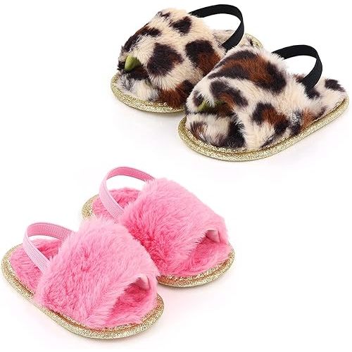 2 Pack Infant Baby Girls Sandals Elastic Back Strap Flats Slippers Soft Toddles Princess Shoes Faux Fur Slides Shoes First Walker House Shoes