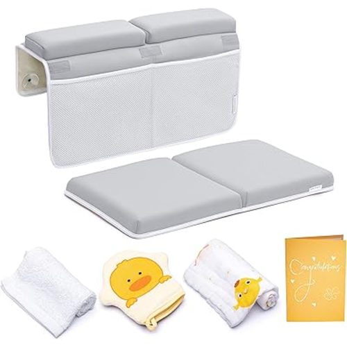 Bath Kneeler and Elbow Rest Pad, 1.75 inch Extra Thick Baby Bath Kneeling Pad and Elbow Pad for Bathtub. Bath Tub Elbow Pad with Infant Toy and Baby Accessories Organizer, Grey