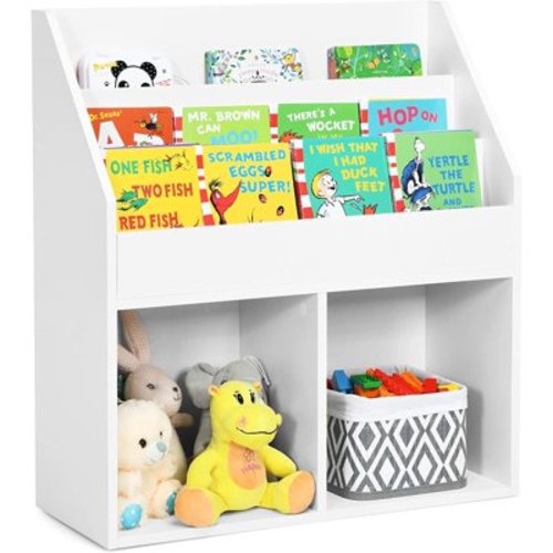 VividVibes Kids Bookshelf, Wooden Toy Storage Cabinet Organizer with Shelves & 2 Large Cubes, 2-in-1 Children Bookcase Display Sling Book Rack for Kids Room, Bedroom, Nursery, Kindergarten (White)