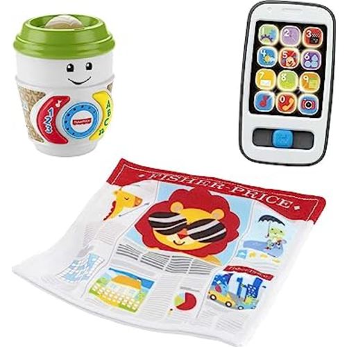 Fisher-Price Laugh & Learn Baby Toys Morning Routine Gift Set with Pretend Smart Phone Plus Coffee Cup Teether Rattle and Crinkle Newspaper (Amazon Exclusive)