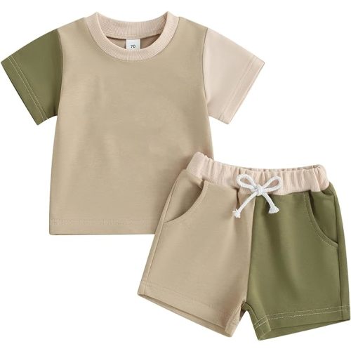 Twopumpkin Summer Toddler Boy Baby Clothes Short Sleeve T Shirts Top And Shorts Infant Neutral Outfit 6 9 12 18 24 Month 2t - 0-6 Months - Color Plain Green