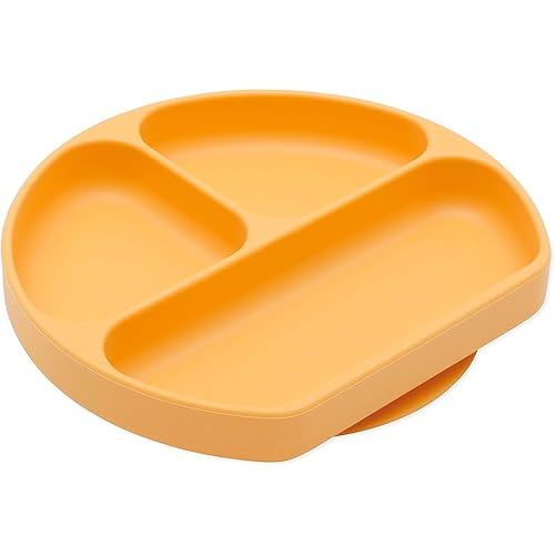 Bumkins Toddler and Baby Suction Plate, Silicone Divided Grip Dish, Babies and Kids, Baby Led Weaning, Children Feeding Supplies, Non Skid Sticky Bottom, Platinum Silicone, 6 Months Up, Tangerine