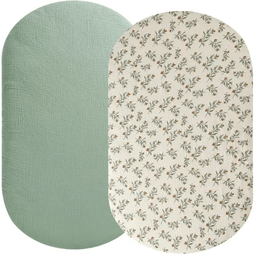 Muslin Bassinet Sheet Compatible with Munchkin, Graco Pack n Play Day2Dream Bassinet,Nordmiex Travel Portable Bassinet, 2 Pack Cotton Fitted Bassinet Sheets for Baby Roman Green & Botanical Leaf
