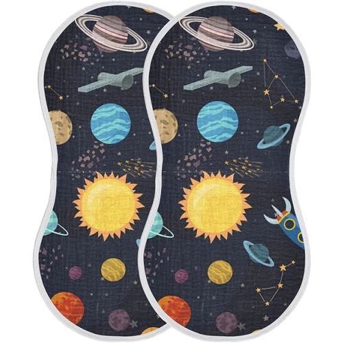 Kigai Carton Space Spaceships Muslin Baby Burp Cloths, Large Absorbent Cotton Muslin Burp Cloths Set of 1, Washcloths, Face Towel, Bibs for Newborn Boys Girls, 11 x22 Inch