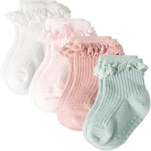 AQOKKA 4 Pairs Toddlers Socks with Non-slip Grip Newborn Baby Socks Cute Frilly Ruffle Ankle Baby Girl Socks for Infant Kids