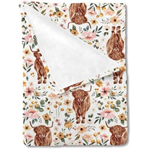 HawSkgFub Boho Highland Cow Floral Baby Blanket Girl Shower Gift, Pink Western Animal Yak Flower Flannel Fleece Nursery Bed Receiving Swaddle, Soft Newborn Infant Toddler Cowgirl Crib Bedding 30 x 40