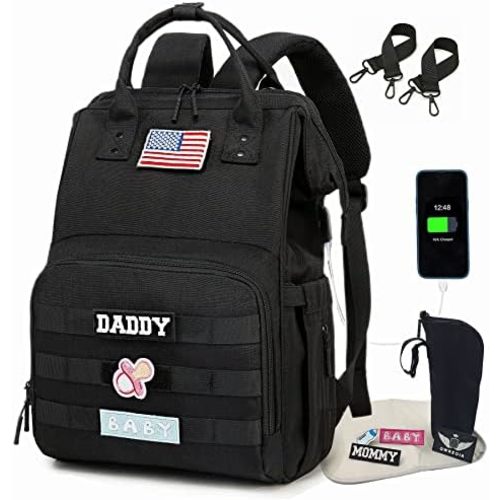 Diaper Bag Backpack for Dad and Mom with USB Charging Port Stroller Straps and Insulated Pocket,army military Travel Nappy Backpack for Daddy/Mommy (Black)
