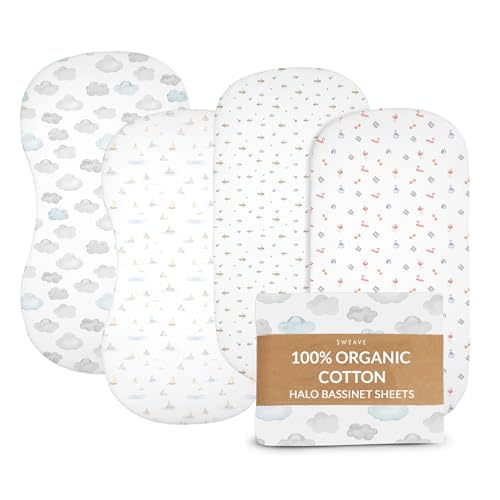 Sweave 100% Organic Cotton Bassinet Sheets (4-Pack)-Compatible with Halo Bassinest, Snoo, Uppababy & Others-GOTS Certified, Secure Snug Fit, Breathable Percale That Gets Softer With Each Wash -16 X 33