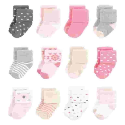 Hudson Baby Infant Girl Cotton Rich Newborn and Terry Socks, Pink Gray Aztec, 0-6 Months