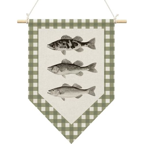 BCUANGD Kids Room Wall Art Decor, Hunting Fish Nursery Hanging Pennant Flag, Retro Green Stripe Wall Decor Banner Decorations for Home Kids Toddler Room Bedroom Playroom, 11x15 Inch