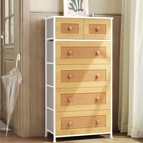 Crestlive Products Rattan Dresser Tall Storage Tower, Chests of Drawers, Easy Pull Fabric Bins, Wood Handles - Organizer Unit for Bedroom, Entryway, Closets - 6 Natural Drawers, White Top & Frame