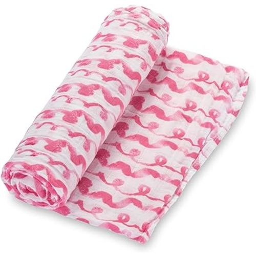 LollyBanks Baby Blanket for Girls, Large 47 x 47 Inches Soft Muslin Swaddle Blankets, Breathable and Lightweight 100% Cotton Baby Receiving Blankets, Baby Essentials, Registry (Pink Wave Print)