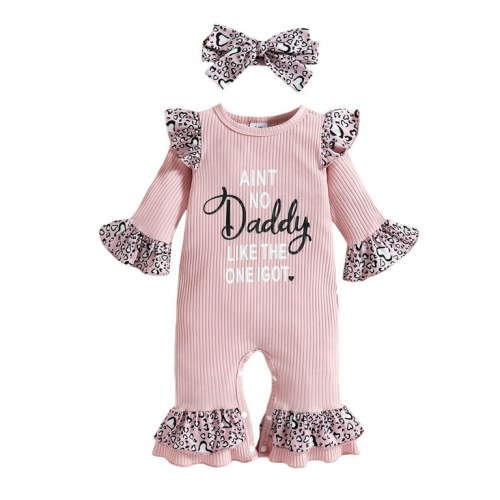 Suanret Valentine's Day Newborn Infant 2Pcs Baby Girls Clothes Letter Leopard Flare Sleeves Jumpsuit with Headband Pink 3-6 Months