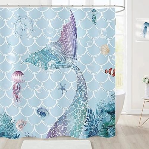 Mermaid Tail Shower Curtain Jellyfish Coral Fish Scale Under The Sea Ocean Bathroom Curtains Waterproof Polyester Fabric Bath Curtain 72 x 72 Inch with 12 Hooks (Blue)
