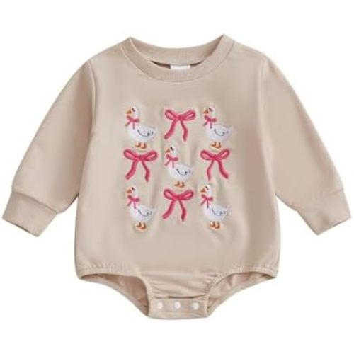 Newborn Baby Girl Sweatshirt Romper Silly Goose Embroidered Bubble Romper Oversized Long Sleeve Bodysuit Fall Outfit