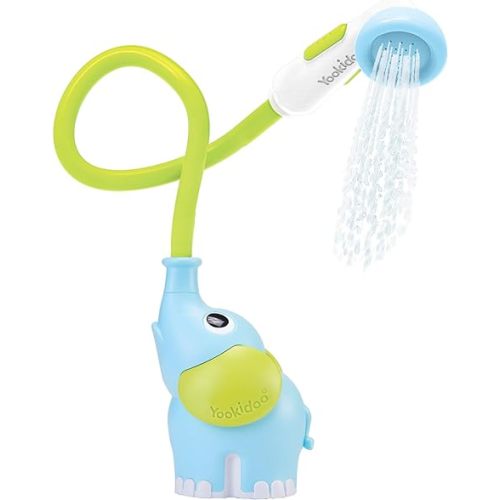 Yookidoo Baby Bath Shower Head - Elephant Water Pump and Trunk Spout Rinser - for Newborn Babies in Tub Or Sink - Blue