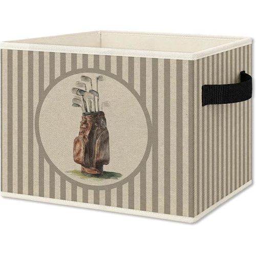 Vintage Golf Storage Bins Box with Handles, Golfing Sports Decor for Boys, Sage Striped Classic Golf Bag Aesthetic Collapsible Organizer Basket for Nursery Room Bedroom Playroom Toys Books