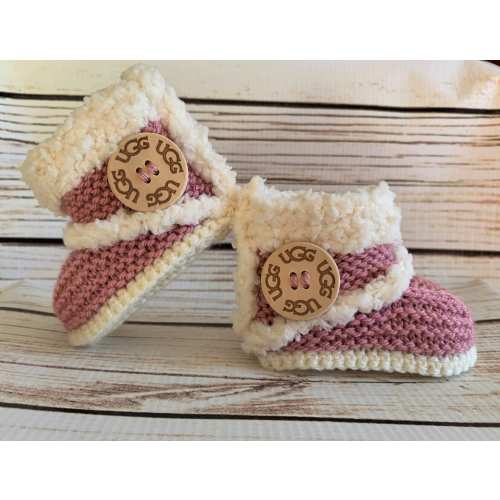 Hand Knitted Baby Girl Boots Booties Slippers Shoes Clothes Snugg Sheepskin Style pink Wood Button Soft Tops 0-12M