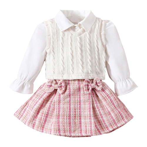 SHTXOZHI Infant Baby Girls 3 Piece Outfit Toddler Long Sleeve Button Down Shirts Vest Bowknot Plaid Skirts