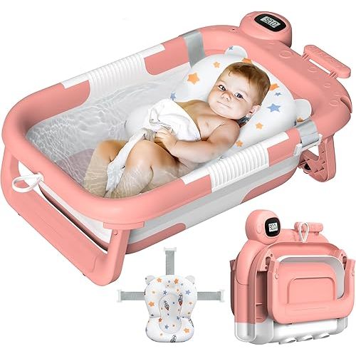 Collapsible Baby Bathtub for Infants to Toddler, Baby Bathtub for Newborn with Thermometer & Soft Floating Cushion, No-Slip Hanging Portable Travel Baby Tub 0-36 Months-Pink